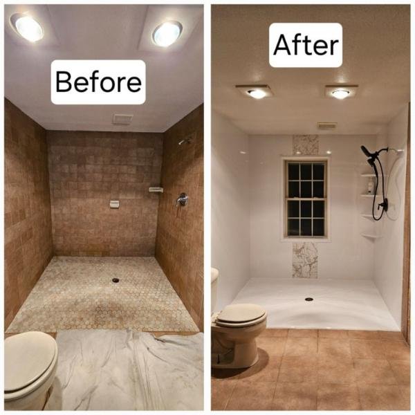 Before and after of a tub-to-shower conversion with custom acrylic wall panels